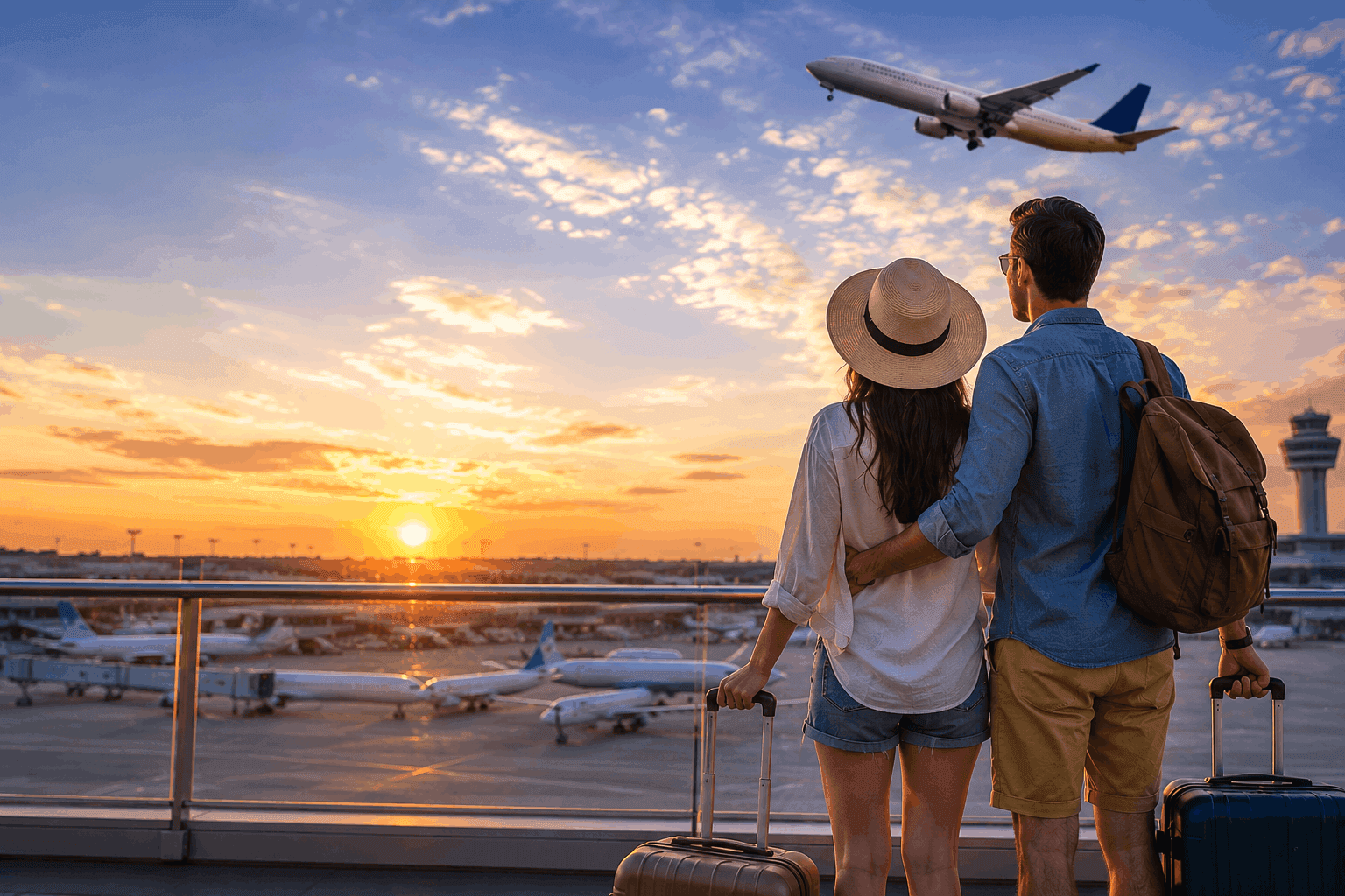 Travelers booking flight